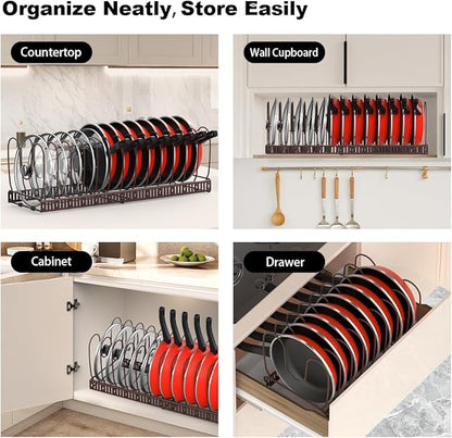 Housolution Pot and Pan Organizer Rack for Cabinet, Expandable Pot Lid Organizer with 15 Adjustable Dividers, Pan Holder Storage Rack for Kitchen Cabinet, Bronze - Image 6