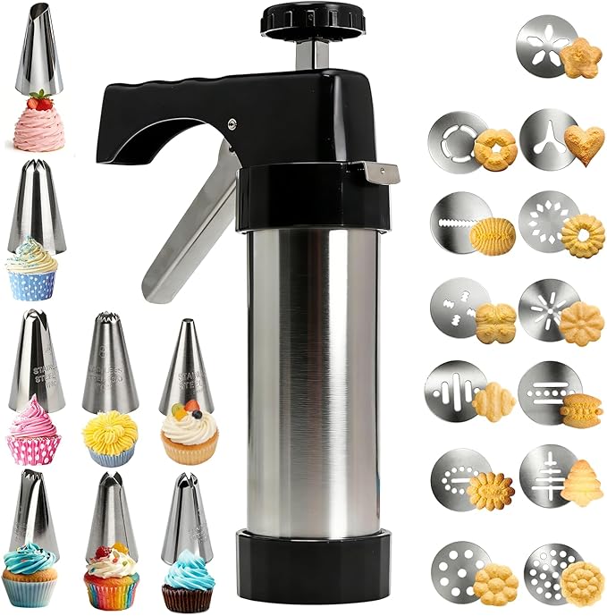 Stainless Steel Cookies Press,Cookie Press Gun Kit with 13 Cookie Discs and 8 Piping Tips for DIY Various Cookies Maker by FEAYEA