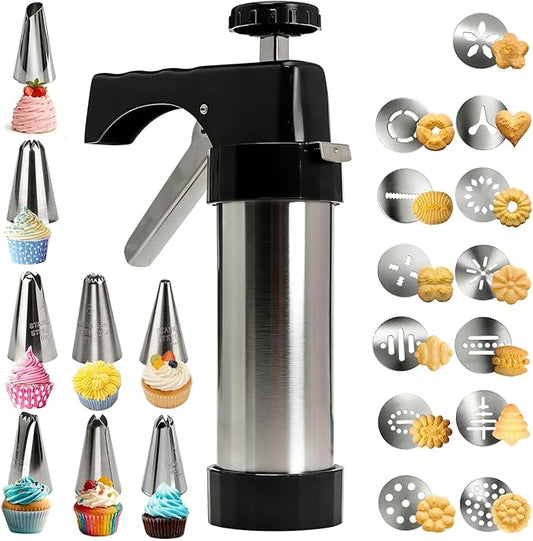 Stainless Steel Cookies Press,Cookie Press Gun Kit with 13 Cookie Discs and 8 Piping Tips for DIY Various Cookies Maker by FEAYEA