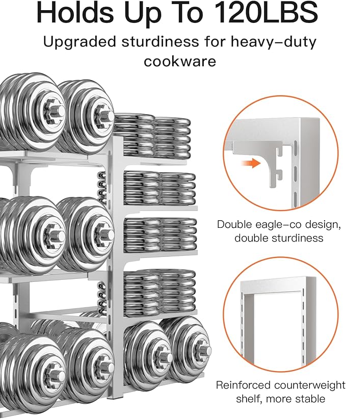 ORDORA Pots and Pans Organizer Rack for Cabinet, 15.83" Height 8-Tier Heavy Duty 120LBS Pot Pan Organizer under Cabinet Adjustable for Cast-iron Pan, Heavy Skillets Griddles, Shallow Pot, Silver - Image 6