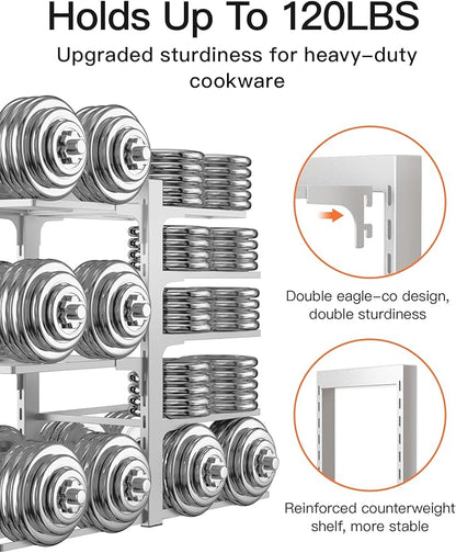ORDORA Pots and Pans Organizer Rack for Cabinet, 15.83" Height 8-Tier Heavy Duty 120LBS Pot Pan Organizer under Cabinet Adjustable for Cast-iron Pan, Heavy Skillets Griddles, Shallow Pot, Silver - Image 6