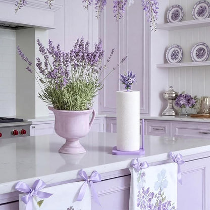 Leinuosen Lavender Paper Towel Holder Farmhouse Lavender Flower Wooden Paper Towel Holder Purple Cute Bathroom Countertop Accessories Kitchen Roll Stand Organizer Apartment Decor Housewarming Gift