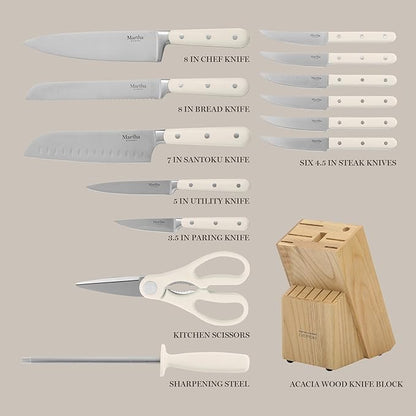 MARTHA STEWART Eastwalk 14 Piece High Carbon Stainless Steel Cutlery Kitchen Knife Block Set w/ABS Triple Riveted Forged Handle Acacia Wood Block - Linen White - Image 6