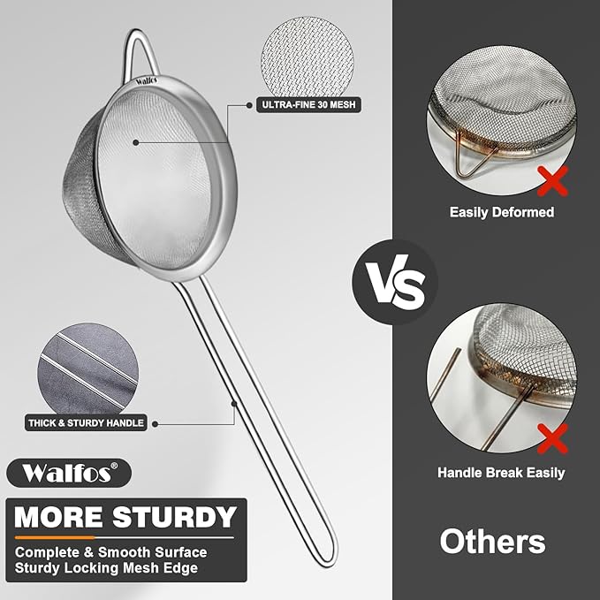 Walfos Small Fine Mesh Tea Strainer, Mini Stainless Steel Sieve with Handle, 2.7 Inch Kitchen Metal Sifter Strainers for Tea, Juicing, Coffee, Cocktail, Powdered Sugar, Matcha (2 Pack) - Image 6