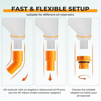 FOUR UNCLES 1.5L Oil Funnel Kit, Universal No-Spill Engine Oil Funnel with 14 Adapters Fits for Most Cars, Trucks & SUVs, Hands-Free Operation and Transparent Monitoring