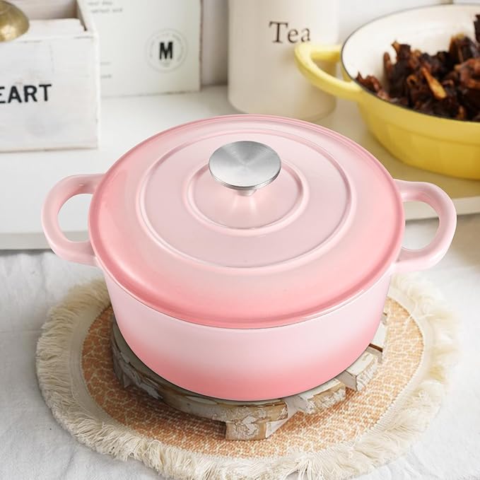 TeamFar Enameled Cast Iron Dutch Oven - 3QT Small Dutch Oven Pot with Lid - Heavy Duty Cast Iron Pot Cookware for Bread Baking, Braising, Stewing, Roasting, Pink - Image 7