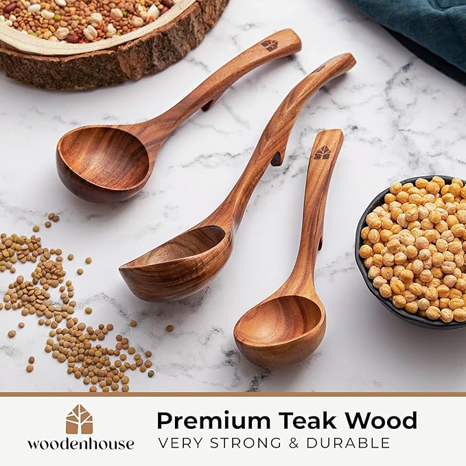 Wooden Ladle for Soup, 3 Size Teak Wood Ladle Spoon with Back Hooks for Pot & Bowl, Non-Stick Wooden Spoon Set for Cooking, Serving and Stirring - Image 6