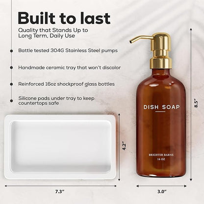 Luxury Glass Hand and Dish Soap Dispenser Set with Tray by Brighter Barns - Kitchen Soap Dispenser with Tray and Pump for Kitchen Sink - Luxury Home Decor for Airbnb, Restaurant, Hotel (Amber/Gold) - Image 3