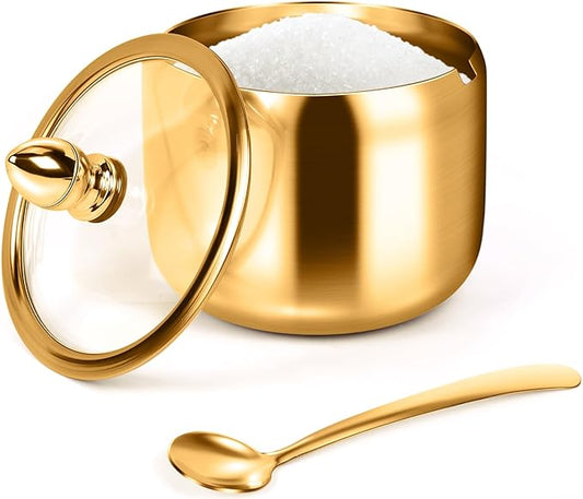 holoith Sugar Container with Glass Lid and Spoon - 10oz Gold Sugar Bowl for Coffee Bar Station Accessories Kitchen Storage for Salt, Candy, Coffee Bean (Gold) by Holoith