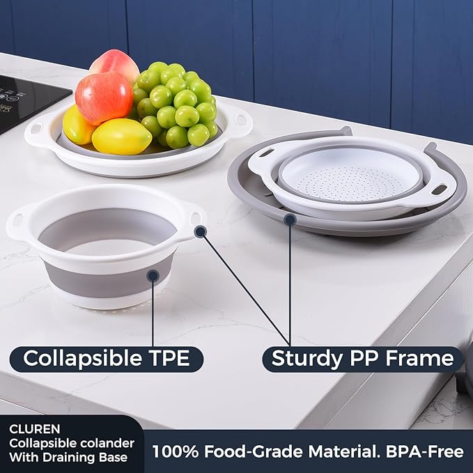 Collapsible Colander Set with Oversized Draining Tray | 3-Pack Foldable Kitchen Strainers + Base | Space Saving for Pasta, Veggies, Fruit & Rice | 5 Colors (Gray-White) - Image 5