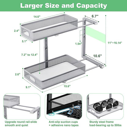 Under Sink Organizer, High Adjustable 2 Tier Under Sink Organizers and Storage, Slide out Metal Cabinet Organizers, Pull out Storage Drawer Shelf for Kitchen Bathroom Cabinet (1, Gray)