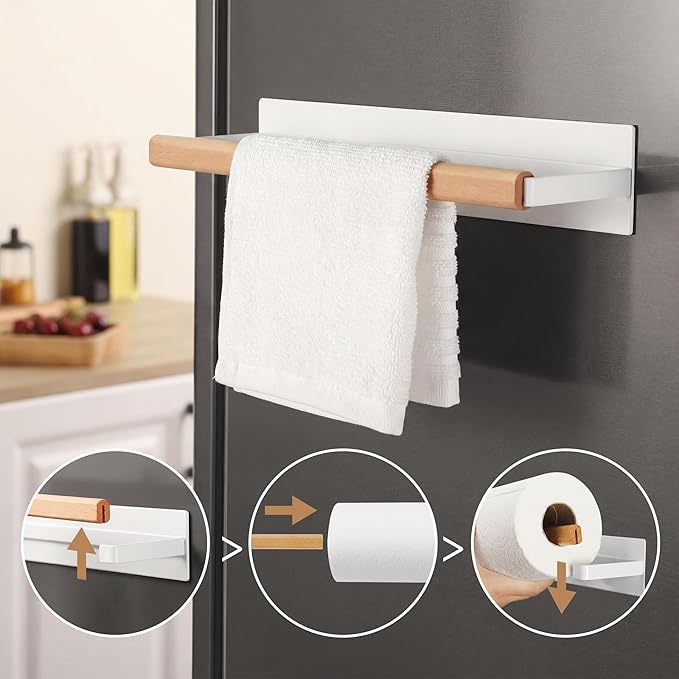 KES Magnetic Paper Towel Holder, White Paper Towel Holder for Refrigerator, Wood & Metal Paper Towel Roll Holder, KPH502MA-WH