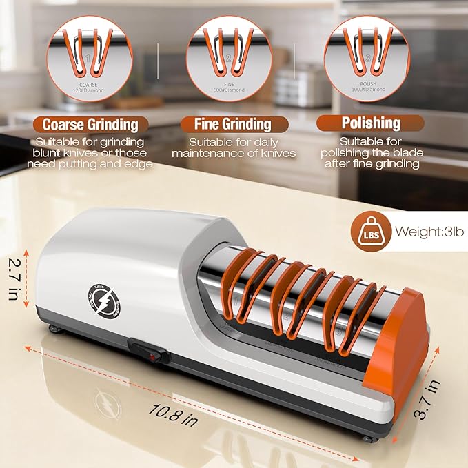 Replaceable Sharpener Electric Knife Sharpener, 3-Stage with 100% Diamond Abrasives & Precision Angle Guides, Kitchen Knife Sharpener with Sharpening and Polishing Function - Image 5