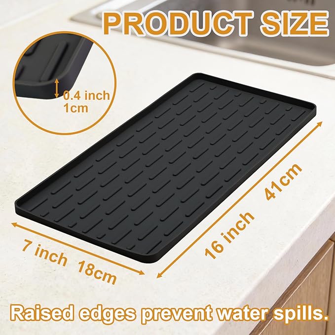 Silicone Coffee Mat, 16"X7" Heat-Resistant,Eco-friendly,Hygienic Drying Pad,Leak-Proof and Non-Slip,Removable Silicone Mat with Concave and Convex Design,（Black 16X7） - Image 2