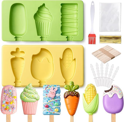 Juome Cake Pop Mold Kit, 2 Pack 6 Cavities Cakesicle Molds Silicone with 100 Wooden Sticks & 100 Packaging Bags with Ties, Cake Pop Maker Supplies Accessories, Baking Tools for Home Baking Desserts by Juome