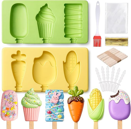 Juome Cake Pop Mold Kit, 2 Pack 6 Cavities Cakesicle Molds Silicone with 100 Wooden Sticks & 100 Packaging Bags with Ties, Cake Pop Maker Supplies Accessories, Baking Tools for Home Baking Desserts by Juome