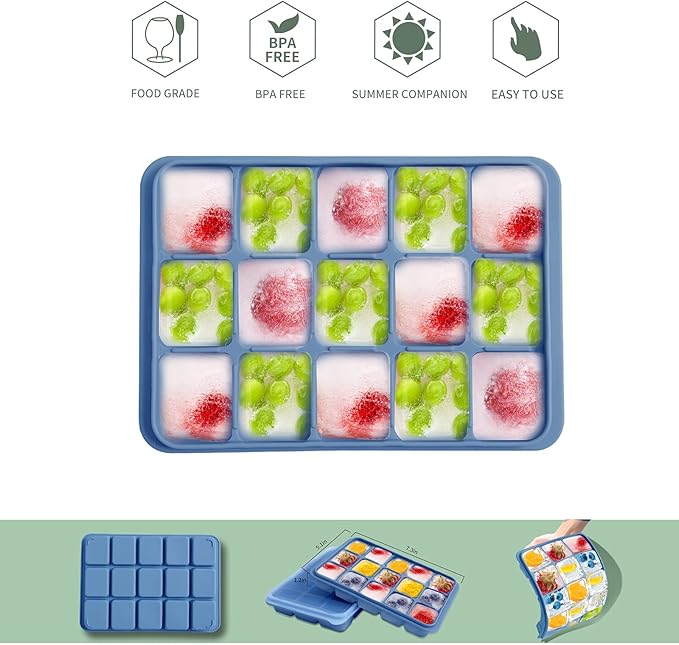 Ice Cube Trays Set of 2, Easy Release 15 Flexible Silicone Ice Cube Molds with Removable Lid Reusable Freezer Ice Trays Stackable for Whiskey, Baby Food, BPA Free (BLUE) - Image 3