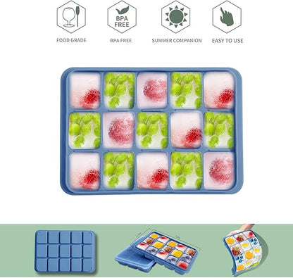 Ice Cube Trays Set of 2, Easy Release 15 Flexible Silicone Ice Cube Molds with Removable Lid Reusable Freezer Ice Trays Stackable for Whiskey, Baby Food, BPA Free (BLUE) - Image 3