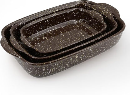 3-Pack Deep Rectangular Ceramic Baking Dishes, Heavy-Duty Oven-Safe Stoneware Casserole Pans for Lasagna Baking, High Heat Resistant Handcrafted Glazed Finish,Speckle Series(13.8''/12''/9.6'' Brown) by Krokori