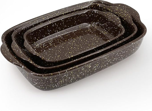 3-Pack Deep Rectangular Ceramic Baking Dishes, Heavy-Duty Oven-Safe Stoneware Casserole Pans for Lasagna Baking, High Heat Resistant Handcrafted Glazed Finish,Speckle Series(13.8''/12''/9.6'' Brown) by Krokori