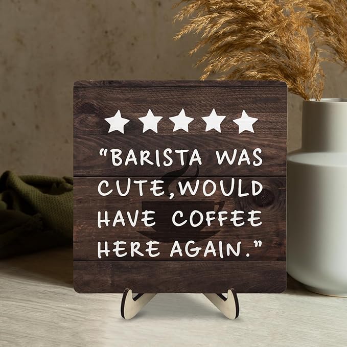 Coffee Bar Sign Plaque Decor,Coffee Bar Accessories,Rustic Wooden Tabletop Plaque with Stand, Minimalist Farmhouse Kitchen Counter Sign,Cute Mini Café Bar Decor Gift 5.9x5.9Inch - Image 5