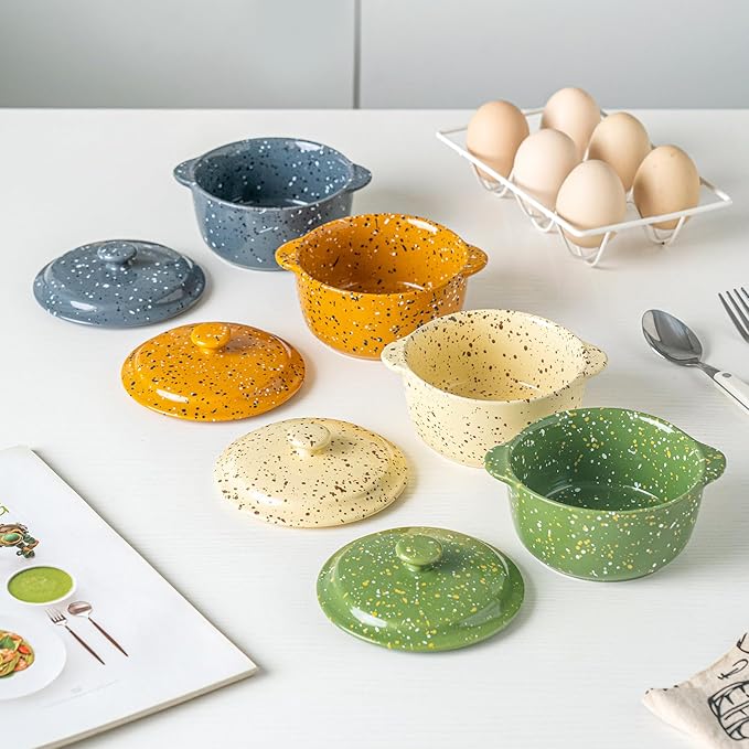 Oven-Safe 4-Pack Mini Ceramic Casserole Dishes (10 Oz Each) - With Lids & Handles - Ideal for Souffle, Soup, Cobbler, Stoneware Baking Ramekins for Individual Servings,Green