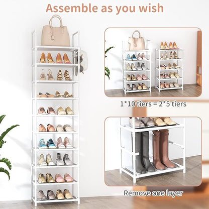 LANTEFUL 10 Tiers Tall Shoe Rack 20-25 Pairs Boots Organizer Storage Sturdy Narrow Shoe Shelf for Entryway, Closets with Hooks, White - Image 5
