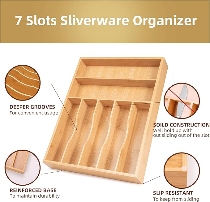 Besilord Silverware Organizer Kitchen Drawer Organizer Utensil Organizer Bamboo Silverware Holder Cutlery Organizer in Drawer Flatware Organizer Tray(7 slots, Natural - Image 3