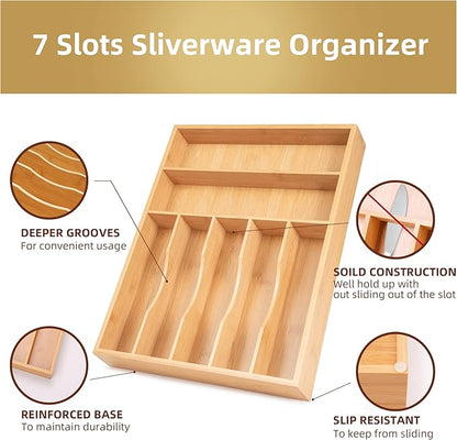 Besilord Silverware Organizer Kitchen Drawer Organizer Utensil Organizer Bamboo Silverware Holder Cutlery Organizer in Drawer Flatware Organizer Tray(7 slots, Natural - Image 3