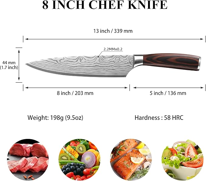 Sunnecko 8 Inch Chef Knife, Professional Japanese Style Kitchen Knife for Meat Vegetable Cutting, Ultra Sharp High Carbon Stainless Steel Blade, Ergonomic Pakkawood Handle & Sheath, Cooking Gift Box