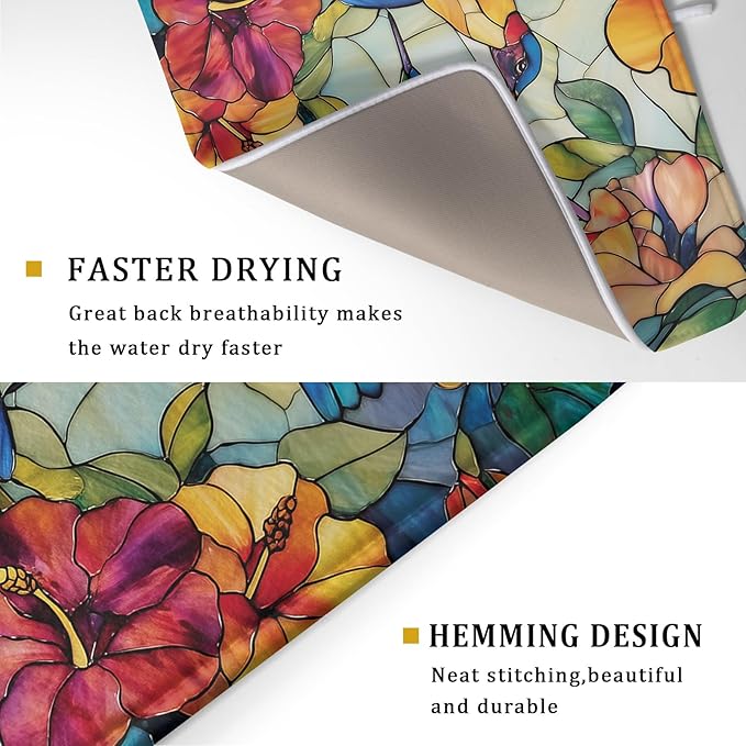 Spring Summer Dish Drying Mat for Kitchen Counter Hummingbird Microfiber Absorbent Dish Draining Reusable Washable Foldable Extra Large 18"x24" - Image 3