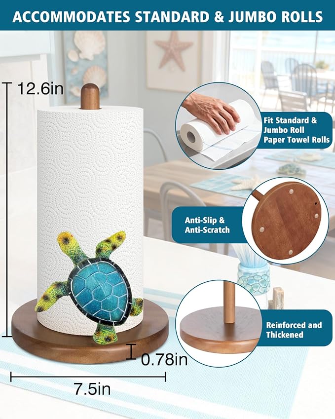 Green Turtle Paper Towel Holder, Coastal Beach Ocean Home Decor for Kitchen Bathroom Countertop, 3D Sea Turtle Gifts for Women