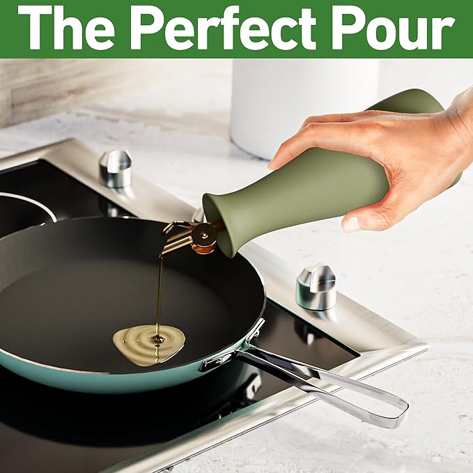 Ceramic Olive Oil Dispenser with Self-Closing Gold Spout - 530 ML Capacity Matte Green Ceramic Oil Dispenser for Kitchen - Leak Proof EVOO Dispensing Bottle - Stylish, Ergonomic, Durable, Easy Pour - Image 5