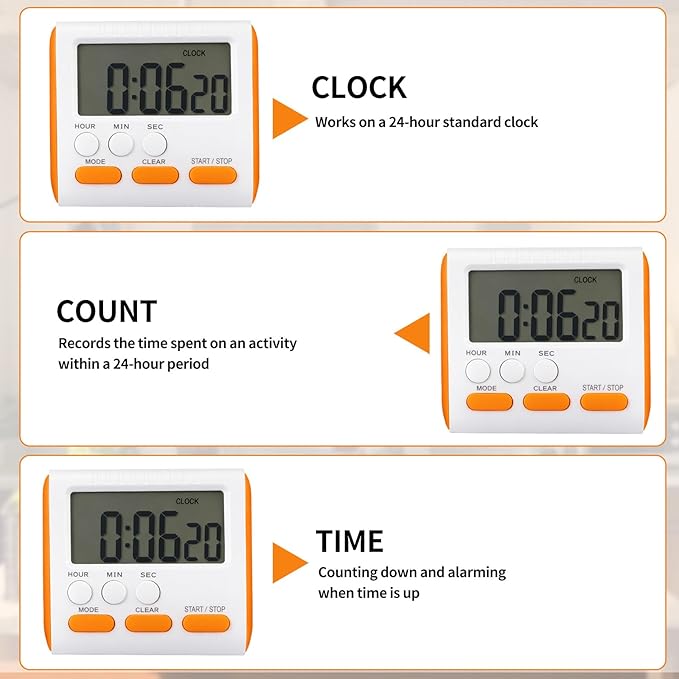 Mudder 3 Pack Digital Kitchen Timer for Cooking, Large Digits, 24 Hour Magnetic Backing Stand Kitchen Timers Clock for Classroom Kids Teachers, Loud Alarm and Large Screen (Orange) - Image 3