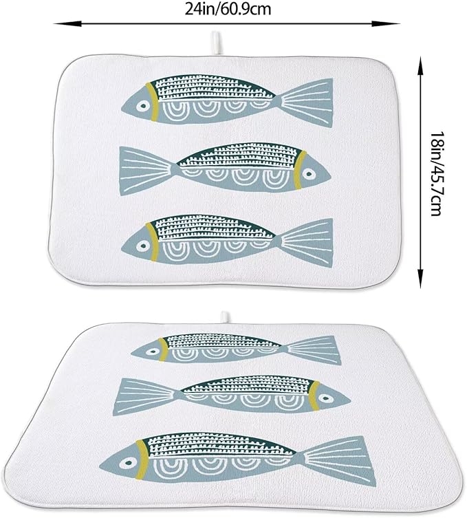 Coastal Dish Drying Mat 18 x 24 inch Beach Blue Fish Print Decorative Drying Mats Microfiber Absorbent Ocean Dish Washable Draining Mat for Kitchen Counter Decor