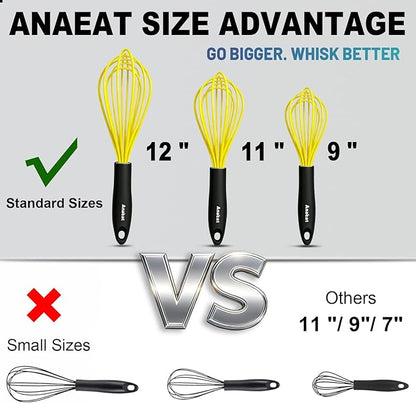Anaeat Silicone Whisk, Thick Stainless Steel Wire Inner Heat Resistant - Kitchen Whisks for Non-Stick Cookware, Balloon Egg Beater for Whisking, Blending, Beating, Frothing & Stirring (Yellow) - Image 5