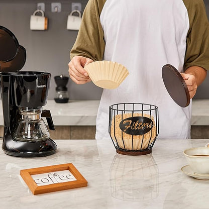 Yangbaga 8-12 Cup Coffee Filters Holder with Wood Lid,Large Capacity Coffee Filter Storage Canister Container Basket,Black Wire K Cup Storage Basket,Coffee Bar Accessories decor - Image 7