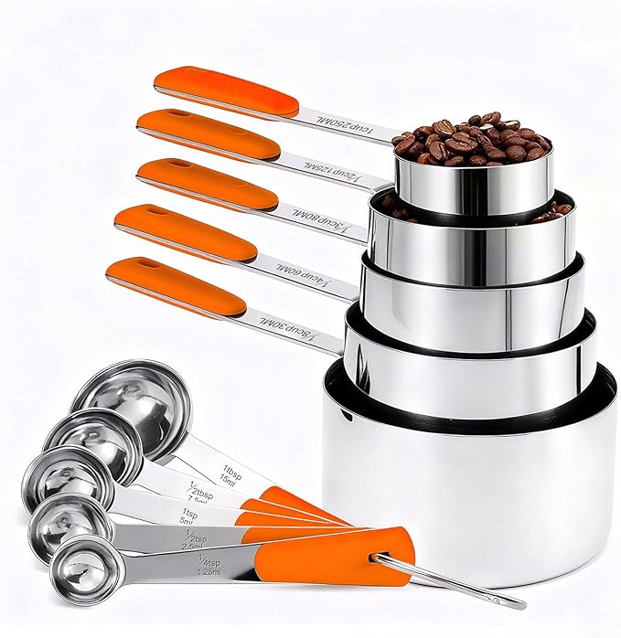 Bopei Measuring Cups and Spoons Set Stainless Steel 10 Piece for Cooking and Baking (5 Cups + 5 Spoons, Orange Handle) by Bopei