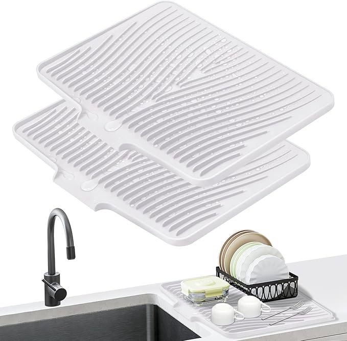 TIKNIK Silicone Dish Drying Mat, Stone Drying Mat for Kitchen Counter with Built-In Drain, Non-Slip Drain Pad with Built-in Drain, Heat Resistant Stone Drying Mat, Hangable, White-2pcs, 20" x 15" by TIKNIKHomeOutdoor
