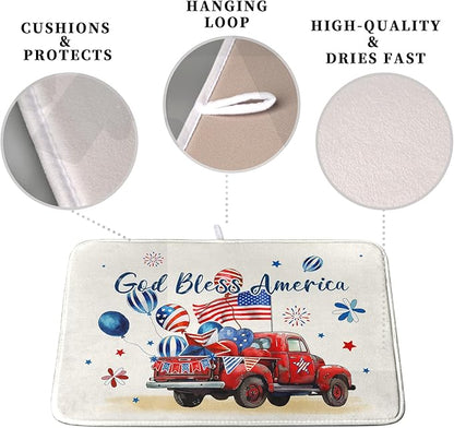 4th of July Drying Mat for Kitchen Counter 18 x 24 Inch US Independence Day Patriotic Truck Dish Drying Mat Polyester American Flag Dish Drainer Mat Super Absorbent Dish Rack Pad for Coffee Bar Sinks - Image 3