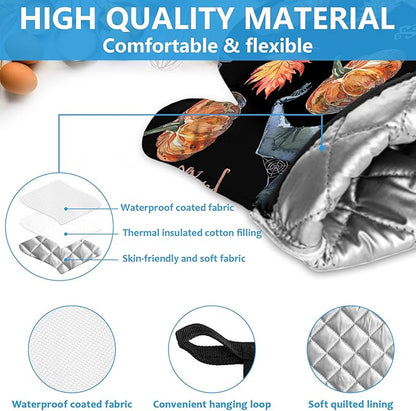 Halloween Pumpkin Autumn Maple Leave Oven Mitts and Pot Holders Sets Heat Resistant 4Pcs Potholders Oven Gloves Hot Pads for Kitchen Baking Cooking Grilling BBQ