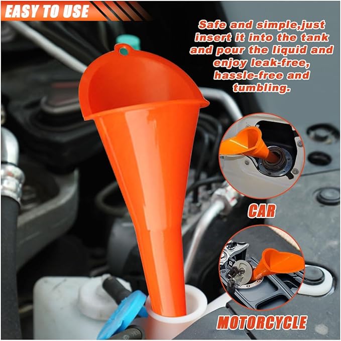 2PCS Long Neck Oil Funnels, Multi-Purpose Spill Saver Funnel, Plastic Funnel for Filling Automotive Oils Lubricants Engine Oils Water Diesel Fuel Kerosene and Other Liquids (2 Orange)