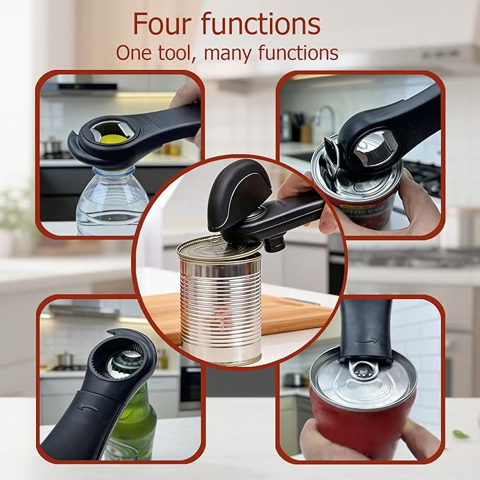 4-In-1 Multifunctional Can Opener Manual, Can Openers for Seniors with Magnetic Hooks, Can Opener Smooth Edge Suitable for Beer/Cans(Black)