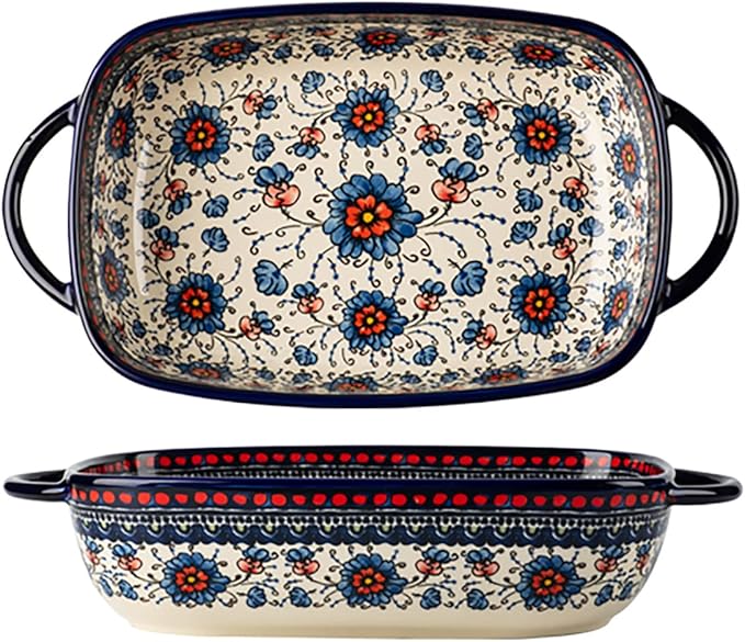 Vintage Style Pottery Bakeware Ceramic Casserole Dish Baking Pan Lasagna Pans Baking Dish with Handles for Oven/Cooking/Kitchen-1 PCS, Large Capacity, 60 OZ by Bicuzat