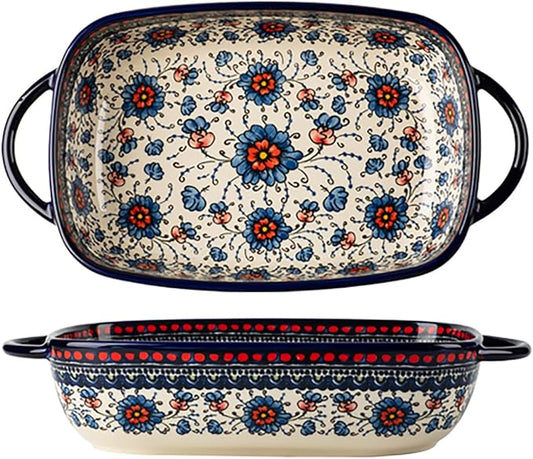 Vintage Style Pottery Bakeware Ceramic Casserole Dish Baking Pan Lasagna Pans Baking Dish with Handles for Oven/Cooking/Kitchen-1 PCS, Large Capacity, 60 OZ by Bicuzat