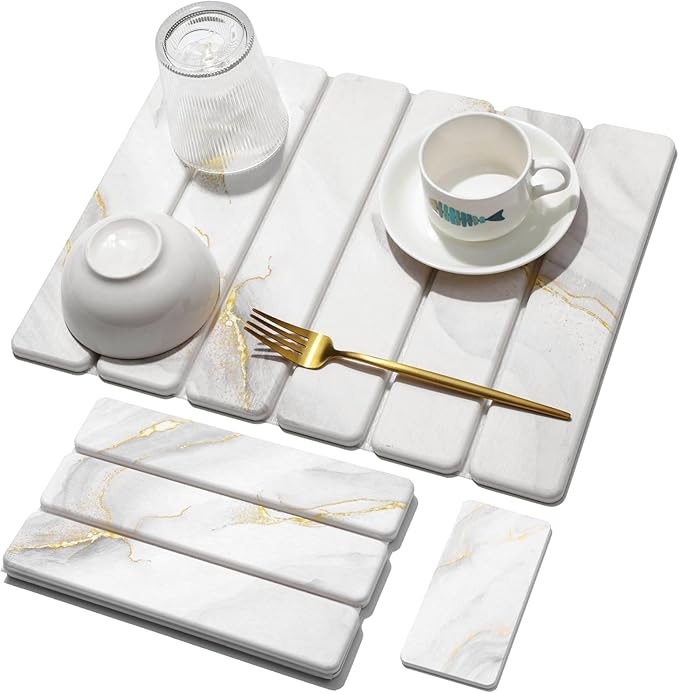 Small Stone Dish Drying Mat for Kitchen Counter, 15.7"×12" & 8"x4" Quick Dry Stone Mats, Foldable Water Absorbing Diatomaceous Earth Drying Dish Pad for Countertop Bottles Utensils Cup(Gold White) by linidcoudhome