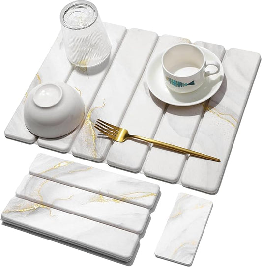 Small Stone Dish Drying Mat for Kitchen Counter, 15.7"×12" & 8"x4" Quick Dry Stone Mats, Foldable Water Absorbing Diatomaceous Earth Drying Dish Pad for Countertop Bottles Utensils Cup(Gold White) by linidcoudhome