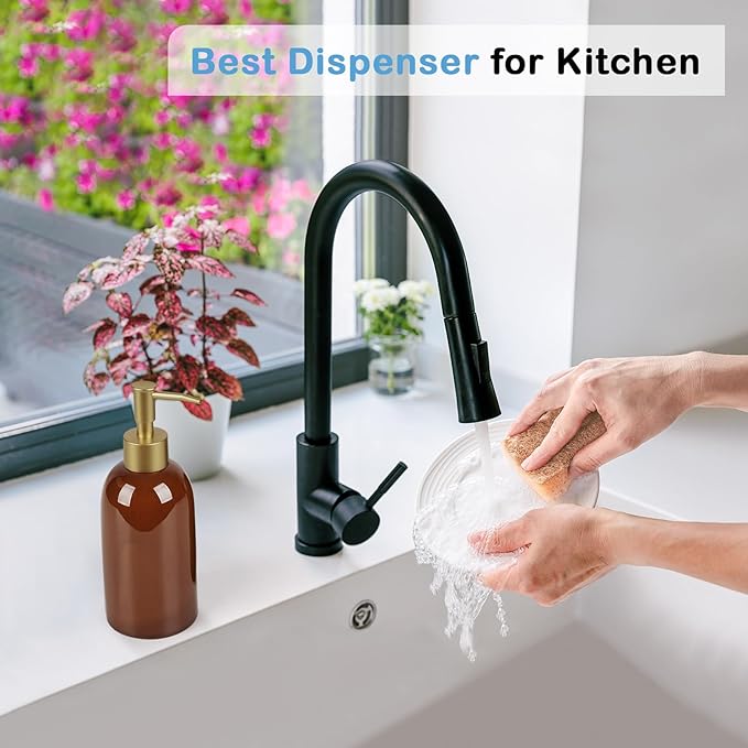 Natheeph 14OZ Ceramic Soap Dispenser Ceramic Soap Pump Dispenser Can Fill Liquid for Bathroom/Kitchen (Amber) - Image 4