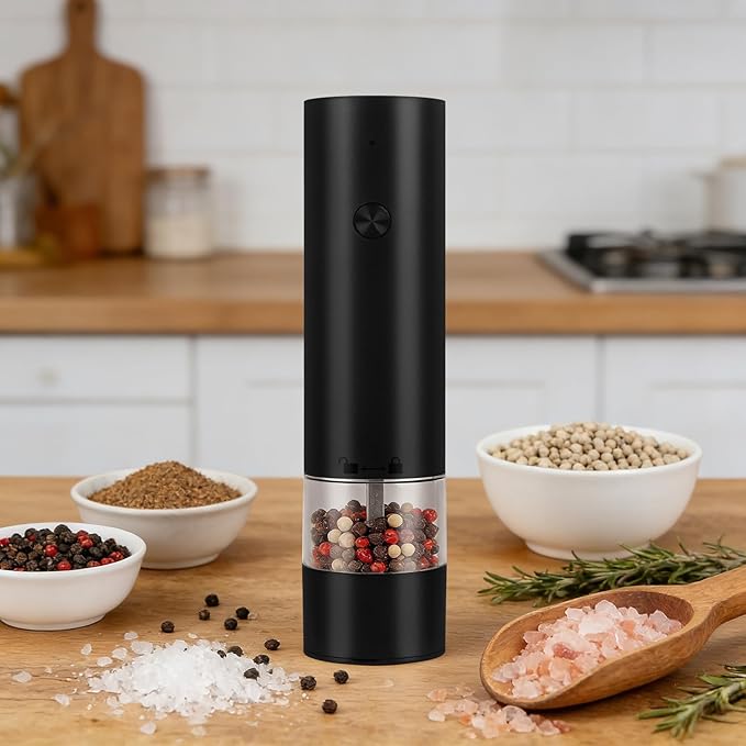 Rechargeable Electric Salt and Pepper Grinder Set, Automatic Pepper Mill with Adjustable Coarseness & One-Hand Operation, Large Capacity Battery-Powered Shakers for Cooking, Kitchen, Gifts (1, Black)