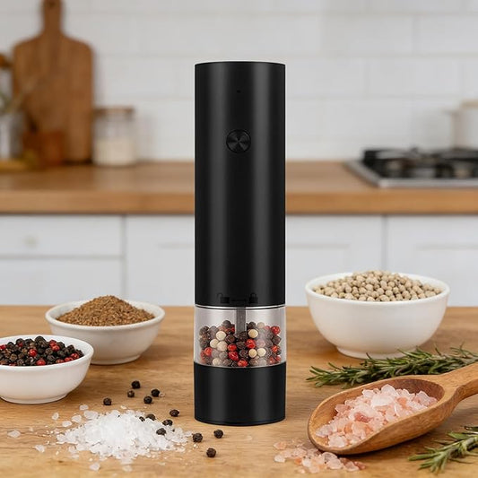 Rechargeable Electric Salt and Pepper Grinder Set, Automatic Pepper Mill with Adjustable Coarseness & One-Hand Operation, Large Capacity Battery-Powered Shakers for Cooking, Kitchen, Gifts (1, Black)